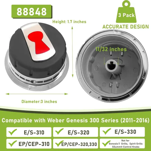Vista 2 de 88848 Perillas para quemador de parrilla de gas aptas para Weber Genesis 300 Series (2011-2016) Fit for Weber Genesis Grill