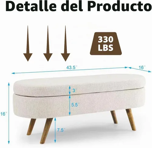 Vista 2 de 43.5” Storage Ottoman Bench，Upholstered Oval End of Bed Bench for Bedroom Beige