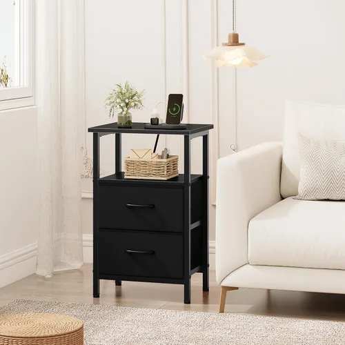 Vista 2 de Vagusicc Nightstand with Charging Station, End Table Bedside Table with 2 Fabric Drawers, Black Night Stand with USB Ports & Outlets, 24.2" Tall Bed