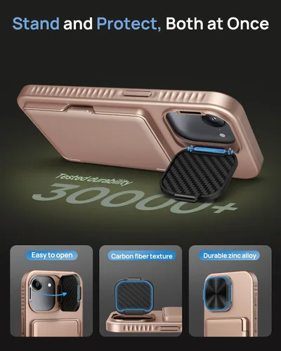 Vista 5 de Funda para iPhone 16e con Tarjetero y Cubierta de Lente de Cámara con Soporte, Protección contra Caídas de Grado Militar a Prueba de Golpes Oro rosa
