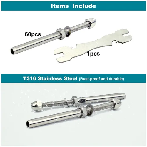 Vista 3 de 3/16 T316 T316 Tensor de acero inoxidable Cable Barandilla Hardware 60pcs para postes de madera y metal