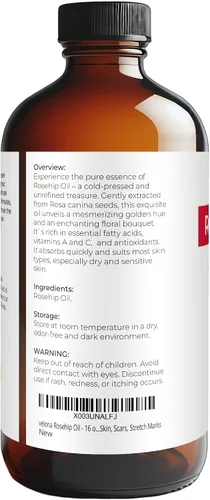 Vista 3 de velona Aceite de rosa mosqueta, 16 onzas líquidas en botella de vidrio, aceite portador 100% puro y natural, sin refinar, prensado en frío, sin