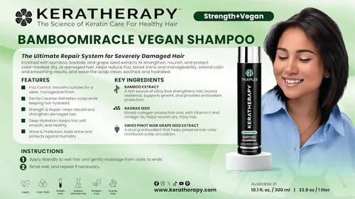 Vista 3 de KERATHERAPY Bamboo Miracle Smooth & Repair Champú, 10.1 onzas, 10.1 fl oz – Fórmula limpiadora vegana para cabello dañado y encrespado – Hidratante