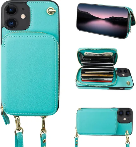 Vista 12 de Bocasal Funda tipo cartera cruzada para iPhone 12/12 Pro, funda de piel con bloqueo RFID y soporte para tarjetas, funda protectora con cremallera