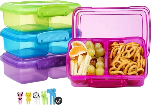 Vista 11 de Paquete de 4 recipientes de plástico para aperitivos con tapas, contenedor de alimentos de 2 compartimentos para caja de aperitivos para niños