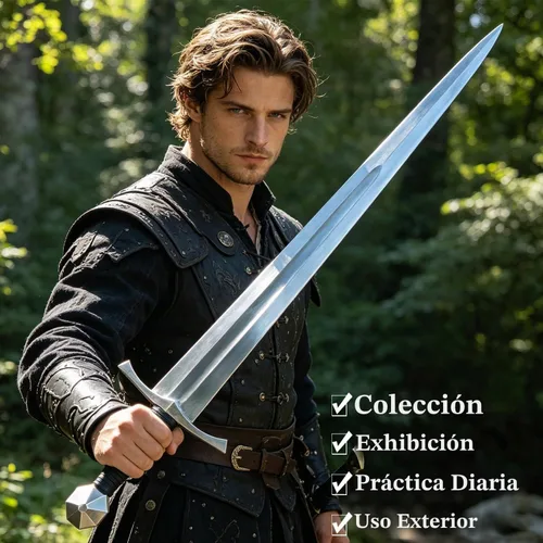 Vista 3 de Medieval Full Tang Spring Steel Knight Arming Sword with Scabbard for Outdoor Use, Practice, Collection