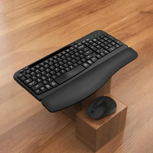 Vista 9 de Juego de teclado y mouse inalámbrico, teclas de onda de tamaño completo, teclado ergonómico con reposa muñecas acolchado, soporte para teléfono
