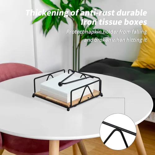 Vista 5 de Servilletero cuadrado – Dispensador de servilletas de mesa duradero con brazo pesado, almacenamiento de servilletas de metal con base de madera