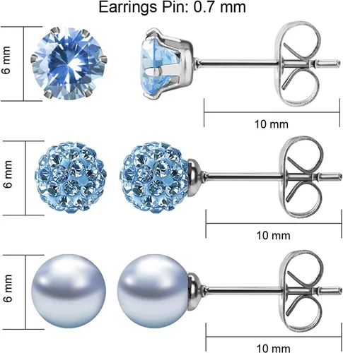 Vista 21 de JewelrieShop - Juego de aretes de tuerca de acero inoxidable con circonitas cúbicas y perlas de imitación, 3 pares de 0.236 in