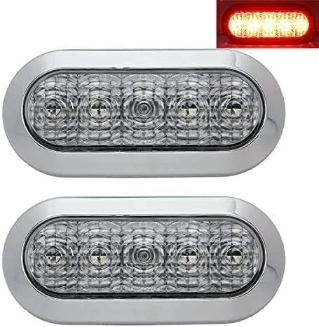 Vista 2 de Par de luces LED ovaladas cromadas de 6 pulgadas, color rojo transparente y de parada, luz trasera para montaje en superficie, remolque, camión, RV
