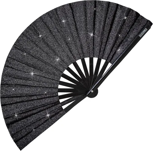 Vista 16 de SoJourner Bags Rave Fan – Abanico plegable grande – Abanico de mano Clack para raves, Halloween, Burlesque, atuendos arcoíris para mujeres