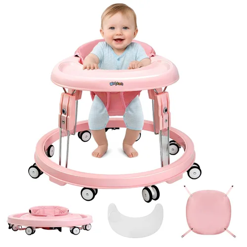 Vista 10 de Andador de bebé con ruedas, andador plegable de un solo toque con ajuste de altura, plato grande y freno, andador para bebés niños y niñas de 6 a 18