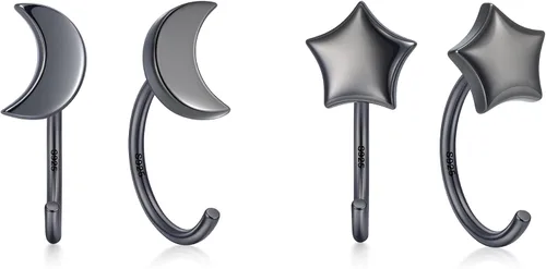 Vista 27 de CHIC & ARTSY Aretes de medio aro de plata de ley 925 para mujer, juego de aros pequeños con barra de bola, estrella, luna y perla, ligeros, ajuste