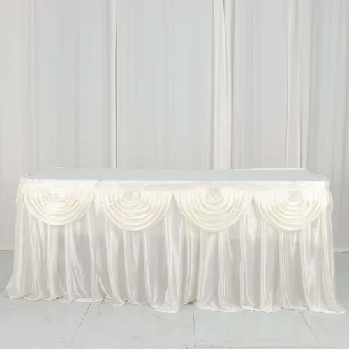 Vista 16 de Efavormart - Falda de mesa de satén beige para cocina, comedor, catering, boda, fiesta de cumpleaños, decoración de eventos, 14 pies