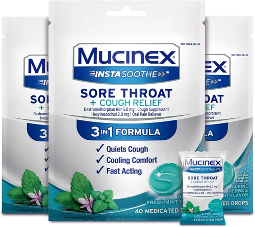 Vista 5 de Mucinex InstaSoothe Dolor de garganta + calmante sabor a miel y equinácea, acción rápida, potente analgésico oral para el dolor de garganta, 40