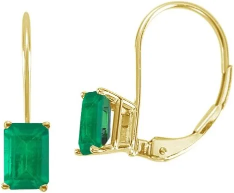 Vista 2 de Natural Emerald Cut Emerald Stud Earrings with Lever Backs in 14K Yellow Gold From 6x4MM - 8x6MM