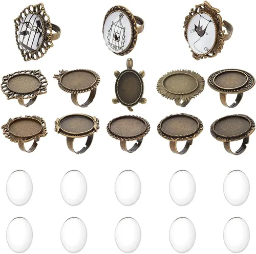 Vista 18 de SUNNYCLUE Juego de 24 piezas de anillos ajustables mixtos, cabujones, kit de fabricación de joyas, ajuste de anillo de dedo, cabujones de cristal
