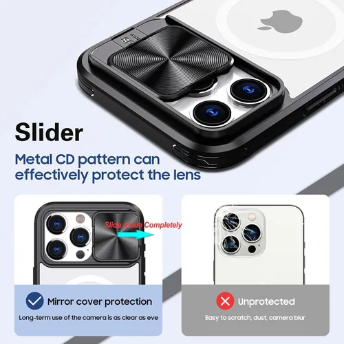 Vista 6 de Funda MagSafe transparente de titanio compatible con iPhone 15 Pro con cubierta deslizante para cámara, imanes fuertes, antiamarilleo, a prueba