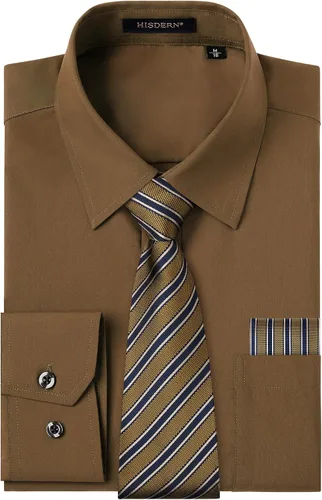 Vista 15 de HISDERN Mens Dress Shirt with Tie Pocket Square Set Classic Button Down Shirt Matching Tie Long Sleeve Shirts 08-verde