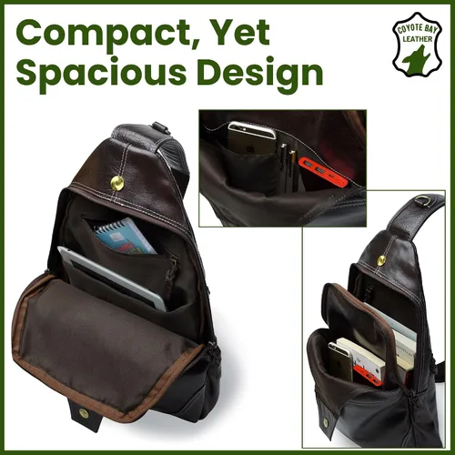 Vista 5 de Coyote Bay® HideSling - Bolso bandolera de cuero de grano completo para laptop, bolso bandolera grande, mochila de cuero para hombres y mujeres