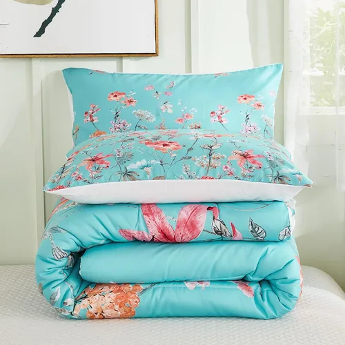 Vista 5 de Juego de edredón de cama tamaño Queen con estampado floral, color azul verdoso, juego de ropa de cama de estilo rústico francés, juego de edredón