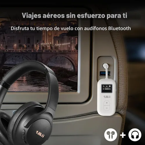 Vista 2 de 1Mii SafeFly Dual Adaptador Bluetooth de avión para AirPods o auriculares, transmisor Bluetooth con pantalla, control de volumen, aptX adaptable