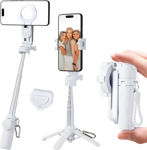 Vista 9 de MQOUNY para soporte trípode Magsafe para iPhone, palo selfie portátil de bolsillo con control remoto recargable y anillo de metal, trípode