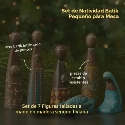 Vista 3 de Juego de Belén de Mesa Colorido de Batik, Decoraciones de Navidad, Belén de Madera, Decoración de Interior, Religioso, Cristiano, Católico, Figuras