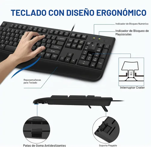 Vista 2 de EDJO - Combo de teclado y mouse con cable, teclado ergonómico de tamaño completo para computadora con reposamanos y mouse óptico con cable