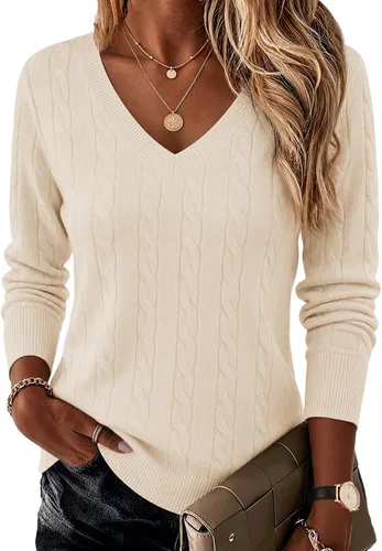 Vista 16 de Ekouaer Suéter de punto trenzado con cuello en V para mujer, manga larga Negro