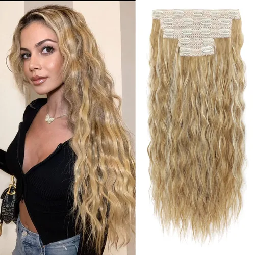 Vista 35 de REECHO Extensiones de cabello con clip, 5 piezas, de 24 pulgadas, de color rubio ceniza, extensiones de cabello con ondas largas y sueltas, HE002
