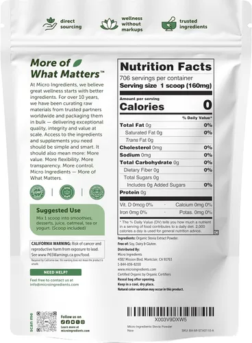 Vista 2 de Micro Ingredients Polvo con 90 % de extracto de stevia orgánica, endulzante natural sin calorías, 1 706 Servings, Stevia Green Leaf Reb-A