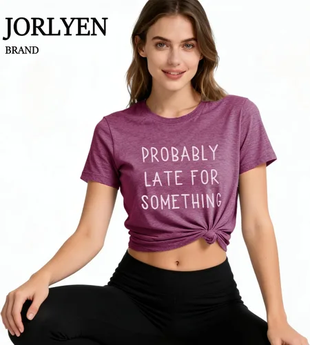 Vista 2 de Camiseta para mujer, con texto en inglés "Probably Late for Something", con texto en inglés "Probably Late for Something