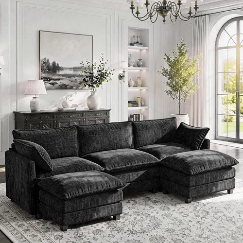 Vista 12 de LEVELEVE Sofá modular en forma de L de 112 pulgadas con 1 otomana, cama convertible de nube de asiento profundo, 3 cojines de 2 brazos, muebles Gris