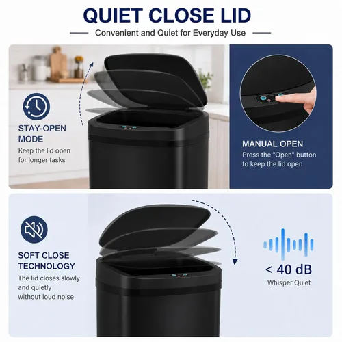 Vista 4 de Bote de basura automático de acero inoxidable de 13.2 galones con sistema de control de olores, sensor de movimiento semicircular sin tacto de 50