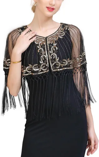 Vista 11 de Chales envolventes para mujer de los años 1920 con lentejuelas y cuentas, chales nupciales estilo flapper, capa de noche A #. Estilo 2-negro y dorado