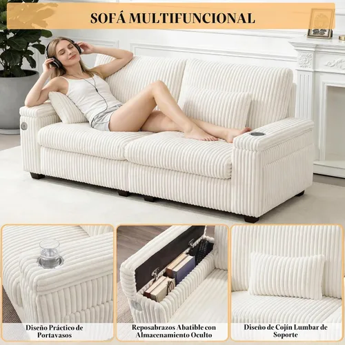 Vista 3 de Sofá biplaza moderno de 91 pulgadas con almacenamiento para sala de estar, sofá de 2 plazas de pana con reposabrazos de almacenamiento, bolsillos
