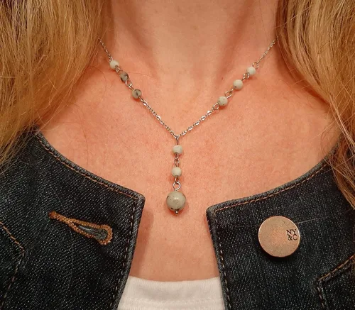Vista 2 de Natural Crystal Bead Lotus Jasper Stone Y Shaped Lariat Necklace Non-Tarnish Steel Chain