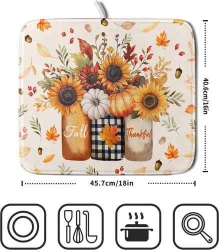Vista 2 de Tapete de Secado de Platos de Florero de Girasoles Otoñales para Encimera de Cocina, Tapete de Secado de Hojas de Arce y Calabaza Otoñal de 16 x 18
