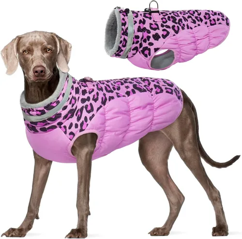 Vista 37 de Abrigo para perro, chaqueta cálida de invierno, acolchada, de vellón, chaleco reflectante con arnés, chaqueta de nieve impermeable con cremallera, a