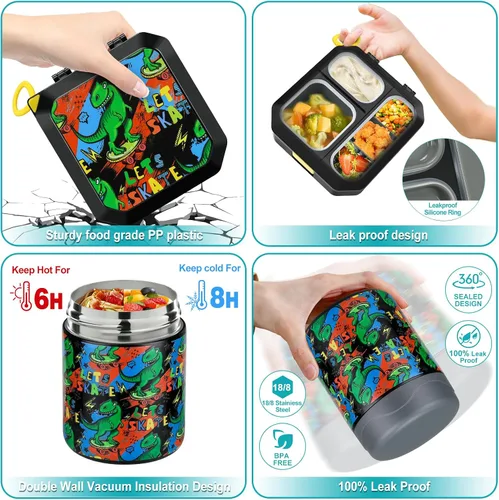 Vista 3 de wiwens - Lonchera Bento para niños con termo de sopa de 12 onzas, contenedor de comida para almuerzo a prueba de fugas con 5 compartimentos, termo