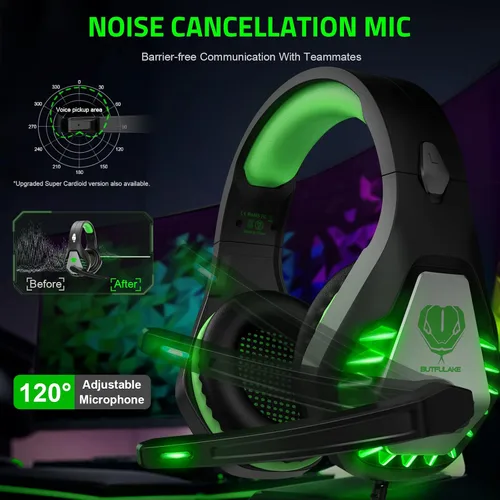 Vista 2 de Pacrate Auriculares para juegos con micrófono para Switch PC, PS4, PS5, Xbox One, cancelación de ruido, auriculares para juegos con luces LED