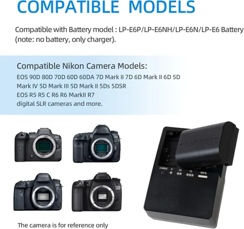 Vista 2 de Cargador LP-E6 para LC-E6 LC-E6E LC-E6N LP-E6NH Batería Compatible con Canon EOS R5 R6 6D 7D 5D 5DS 5DS R 60D 60DA 70D 80D 5D Mark III 90D Mark II