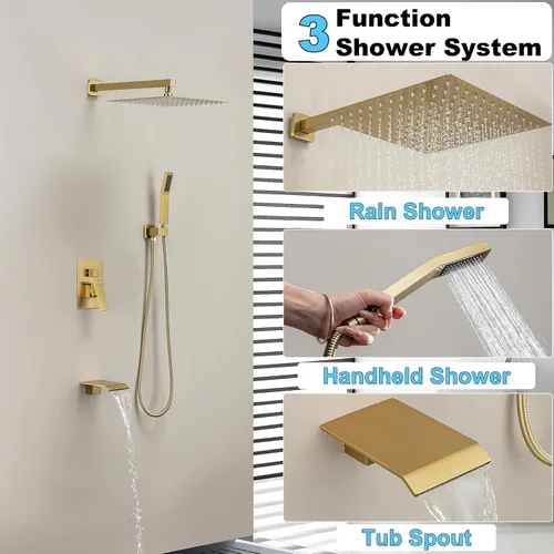 Vista 8 de Sistema de ducha dorado cepillado con cabezal de ducha de lluvia de 10 pulgadas y boquilla de bañera cUPC-certified pressure balance brass valve