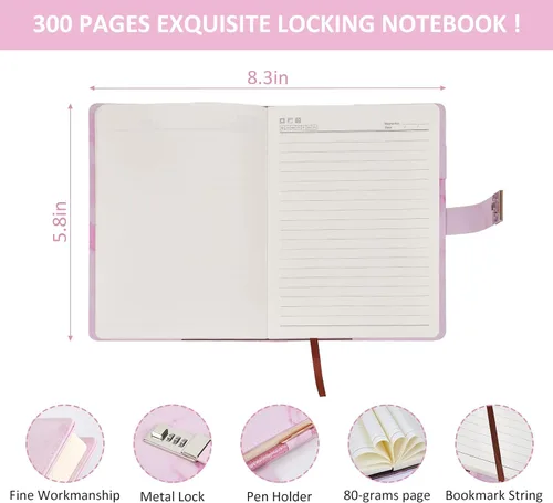 Vista 4 de Juego de regalo de diario, diario de cuero sintético de mármol de 300 páginas para escribir, cuaderno de dibujo con cerradura, incluye cerradura