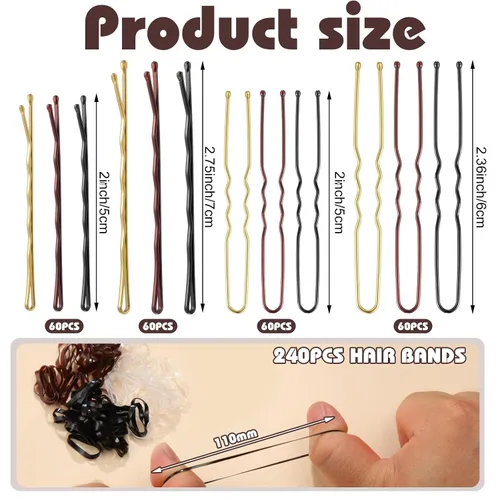 Vista 2 de Juego de 480 horquillas para el cabello, horquillas en forma de U para moños, horquillas para el cabello para mujeres, bandas de goma