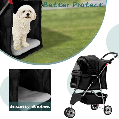 Vista 3 de Cochecito para perros con cesta de almacenamiento, cochecito para mascotas de 3 ruedas, transpirable, compacto, portátil, plegable, para viajes