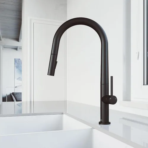 Vista 2 de VIGO Greenwich VG02029MB - Grifo de cocina con pulverizador desplegable de una sola manija de 18 pulgadas de alto, color negro mate