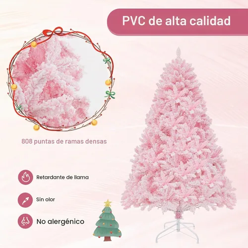 Vista 4 de Goplus Árbol de Navidad artificial preiluminado rosa de 6 pies, árbol de Navidad artificial con bisagras con nieve artificial con 808 puntas