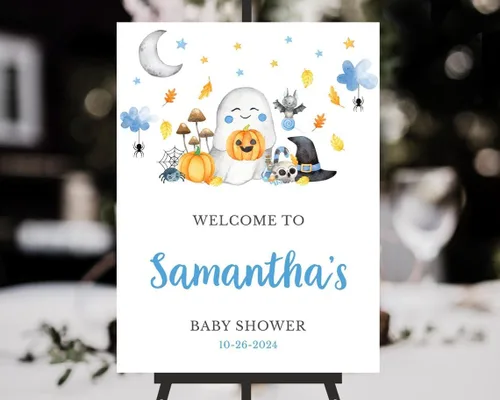 Vista 19 de Personalized Halloween Baby Shower Welcome Sign, A Little Boo Baby Shower Welcome Sign, Pumpkin Decorations,girl, Halloween Decor 12" X 18" (Small)